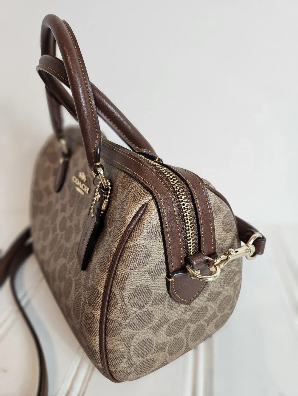 Coach Satchel OS Rowan Signature Canvas Crossbody Top Handle Gold Tan Brown